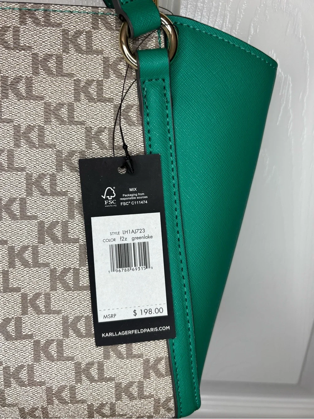 Karl Lagerfeld Teal and Beige Logo-Panel Satchel with Heart Charm